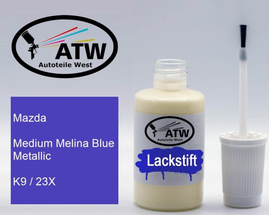 Mazda, Medium Melina Blue Metallic, K9 / 23X: 20ml Lackstift, von ATW Autoteile West.